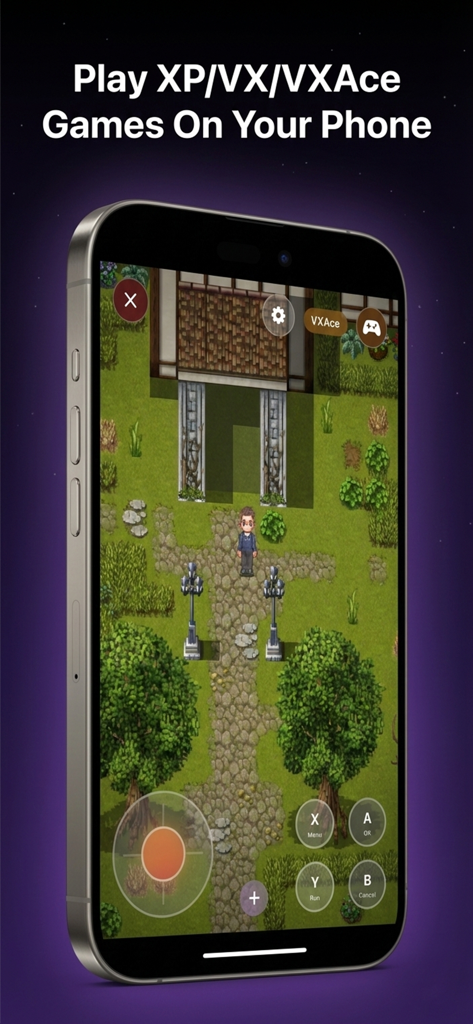 An iPhone displaying a 2D RPG game with virtual controller buttons