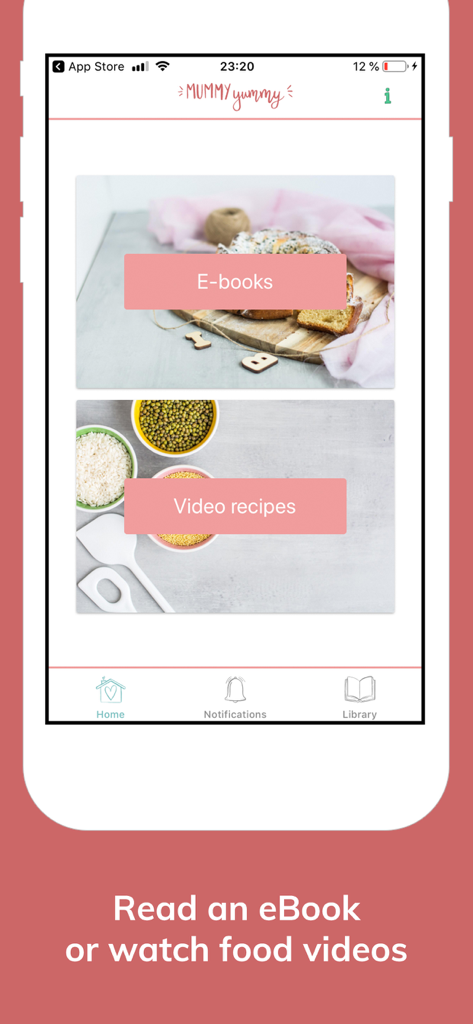 Mummy Yummy - Mummy Yummy app home screen showing options for ebooks and video recipes