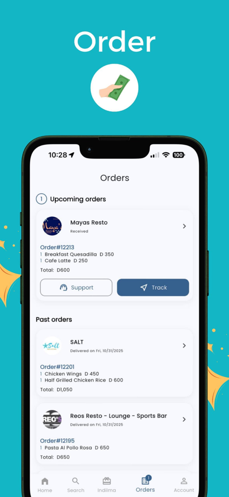 Pantalla de la aplicación Indil que muestra los pedidos de entrega de comida próximos y pasados con opciones de seguimiento y soporte