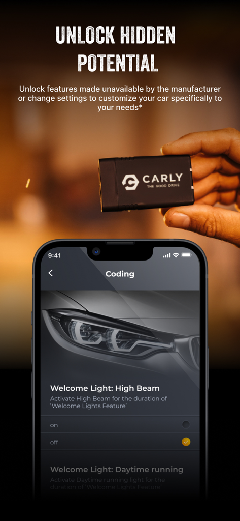 Smartphone displaying the Carly app coding interface alongside the universal scanner.