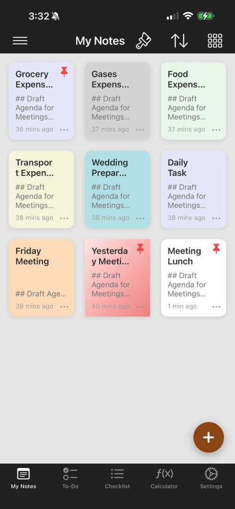 Note Book App - El panel de la App Bloc de Notas muestra una vista de cuadrícula de notas y tareas codificadas por colores.