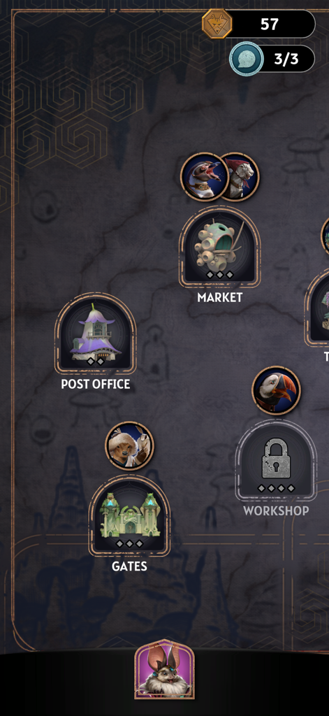 Map interface in the Sunderfolk Controller app showing game locations and character icons.