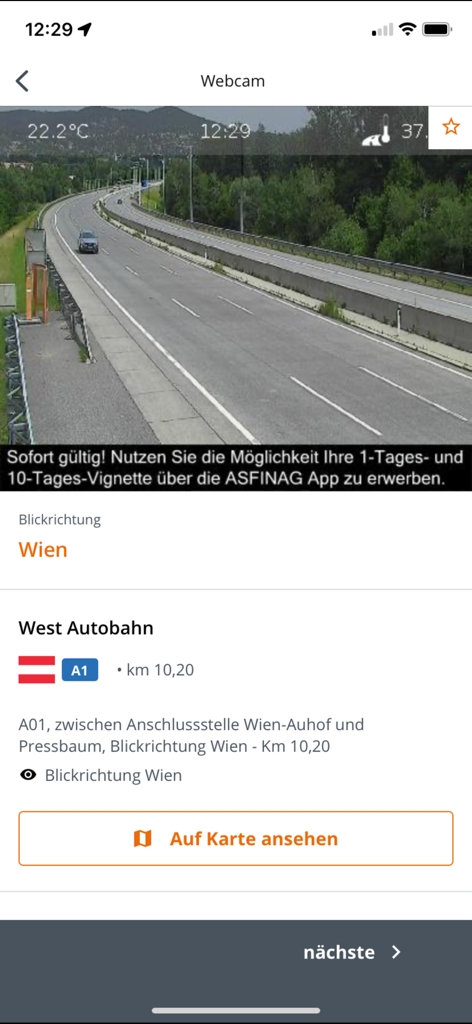 ASFINAG - Live highway webcam view on the ASFINAG app showing traffic on the A1 West Autobahn towards Vienna