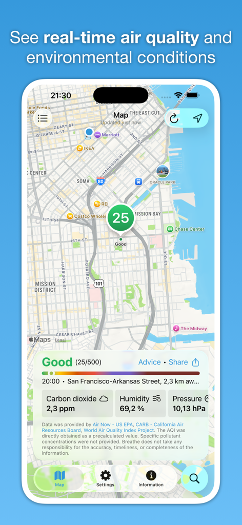 Breathe - Air Quality Monitor - Breathe app screen displaying a real-time air quality map of San Francisco with a good AQI of 25 and environmental data