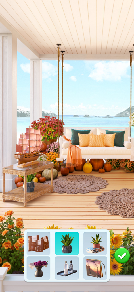 A serene coastal balcony design with a white hanging swing chair and autumn decorations in the Happy Makeover game.