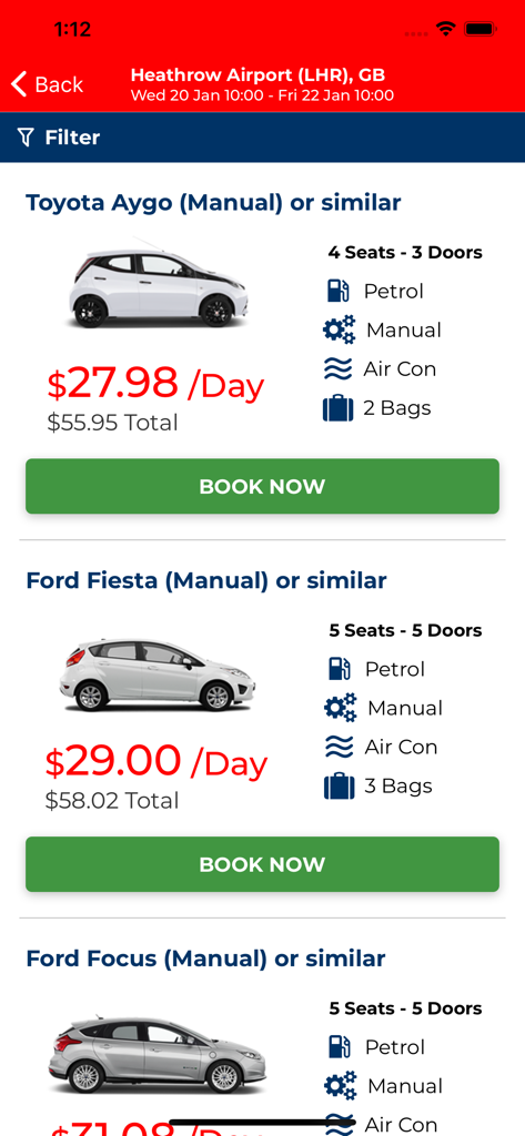 Easirent - Easirent app interface showing car rental options, prices, and vehicle specifications for Heathrow Airport.
