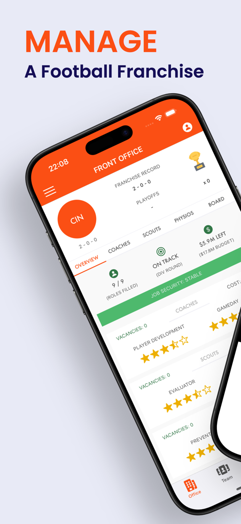 Pocket GM 3: Football Sim - Front office dashboard in Pocket GM 3 showing team management and staff recruitment options