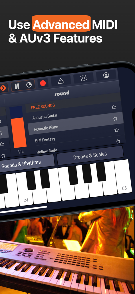 Piano Pro & Drum Music Studio - Piano Pro app interface showing advanced MIDI and AUv3 integration for professional music production