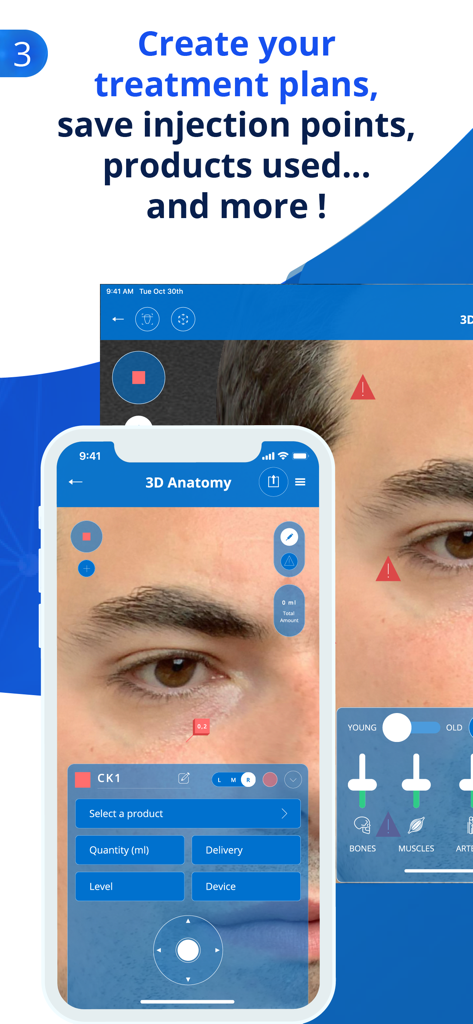 NextMotion 3D - 3D 얼굴 모델에 미용 시술 계획 및 주입 지점 표시를 위한 NextMotion 3D 앱 인터페이스