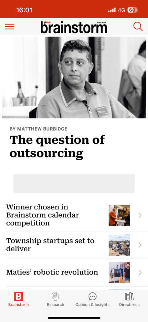 ITWeb - ITWebアプリのBrainstormセクションが、テックニュース記事とナビゲーションメニューを表示している様子