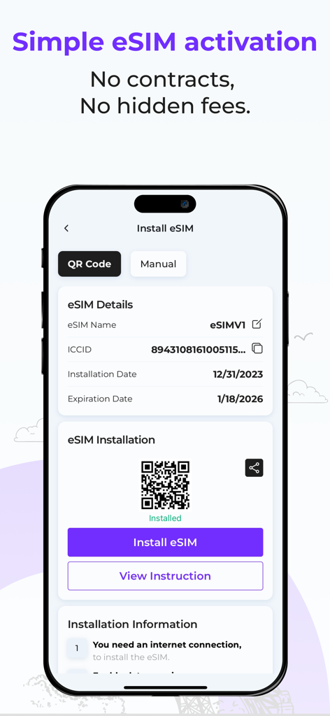 Esimatic eSIM: Mobile Data 5G - 簡単なeSIMアクティベーションのためのEsimaticアプリインターフェース。QRコードとインストール詳細を表示