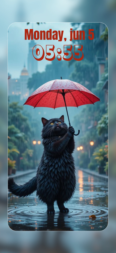 Un peludo gato negro sosteniendo un paraguas rojo bajo la lluvia en una calle de la ciudad