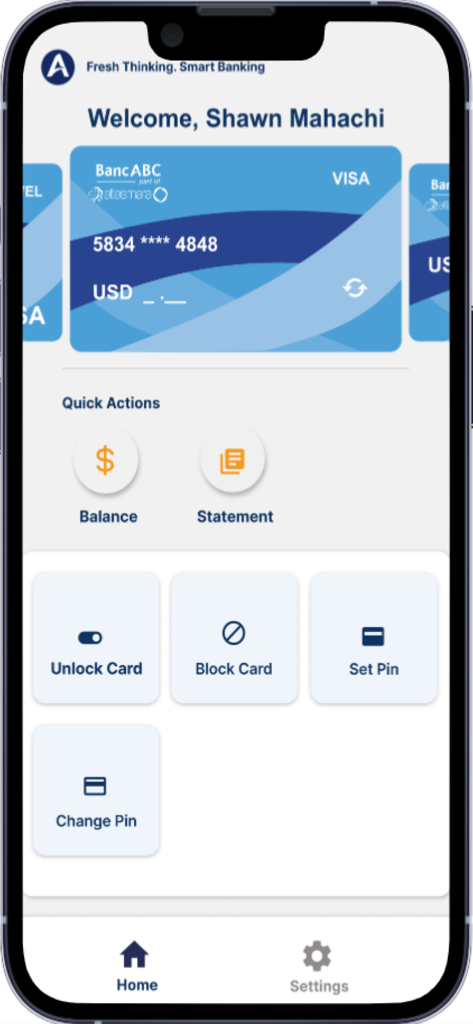 BancABC Visa App - Dashboard of the BancABC Visa App showing card management options like block card and balance check