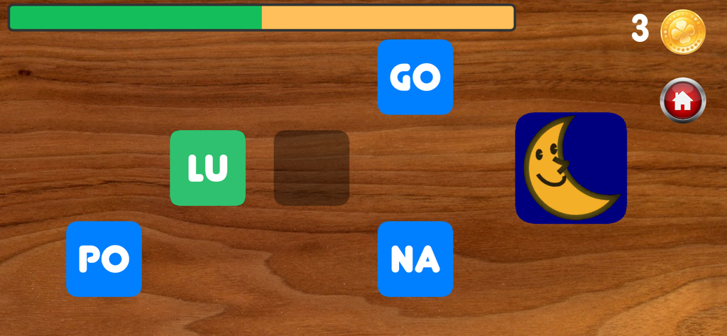 Interfaz de la aplicacion para aprender a escribir la palabra luna con silabas