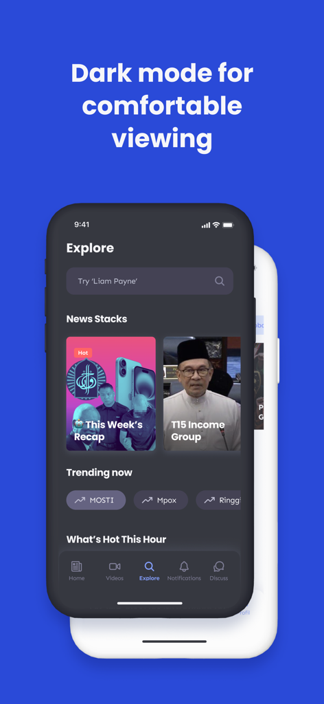 Lumi News app interface showing dark mode for comfortable viewing