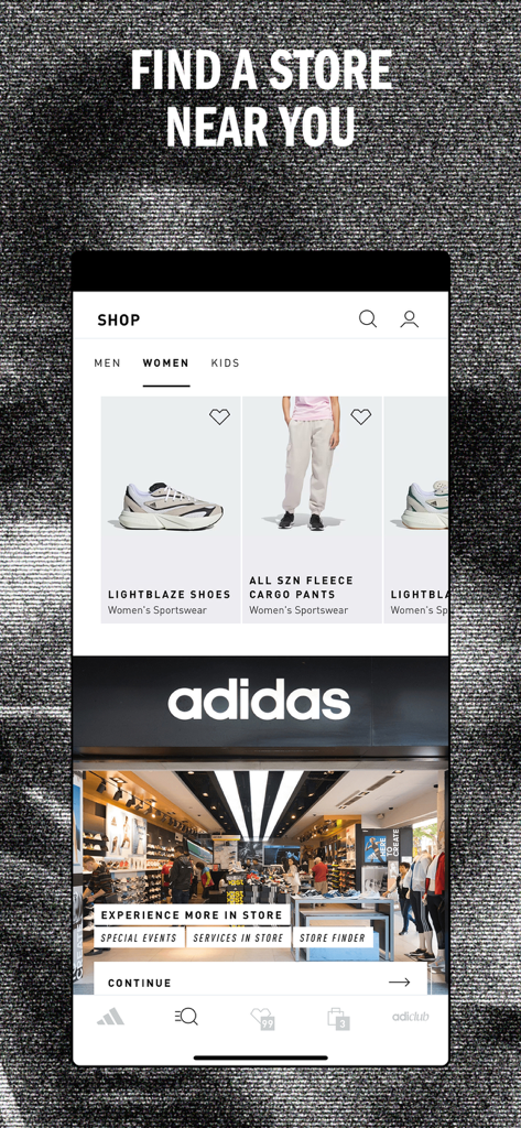 adidas: Shop Shoes & Clothing - Interfaccia dell'app Adidas che mostra la funzione di ricerca negozio e la collezione di abbigliamento sportivo da donna