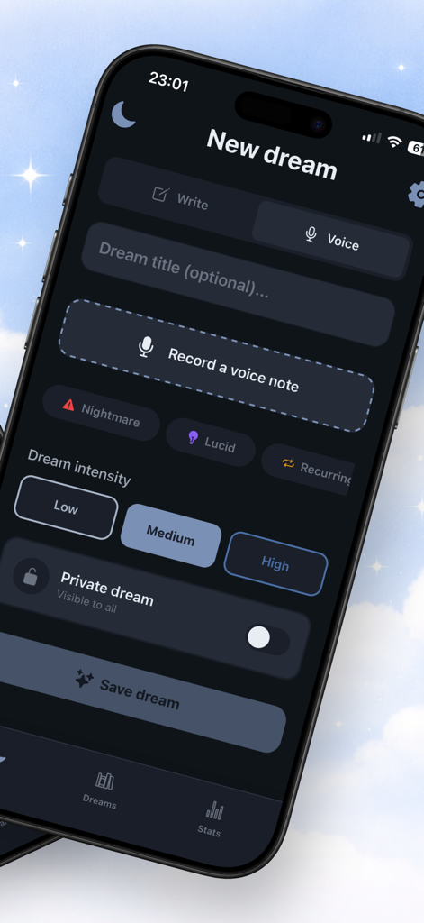 Morphée - Dream Diary - A screenshot of the Morphee dream diary app showing the interface to record a new dream via voice or text with options for intensity and tags