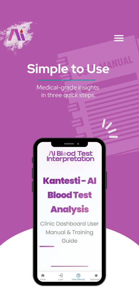 Kantesti – AI Blood Test - Smartphone screen showing the Kantesti AI blood test analysis user manual on a purple background