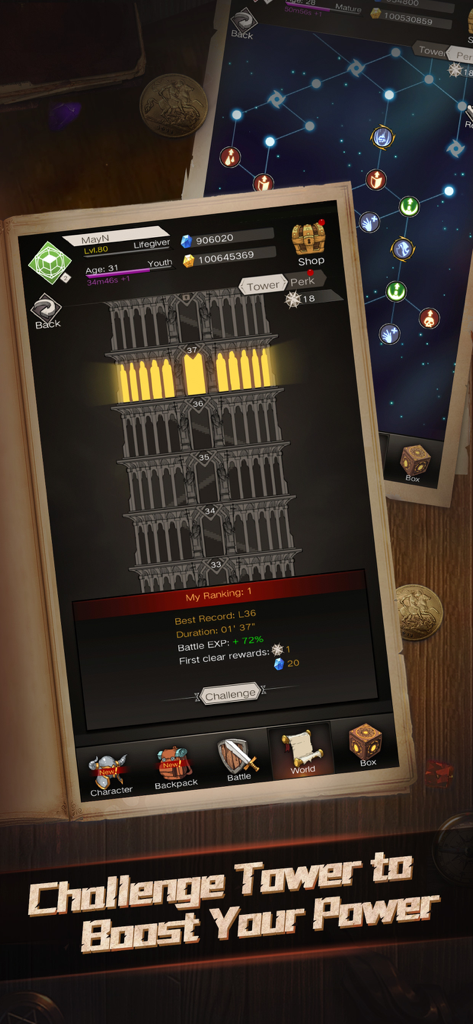 Captura de pantalla del juego Immortal Reborn mostrando la interfaz de la Torre de Desafío y las estadísticas de progresión del personaje