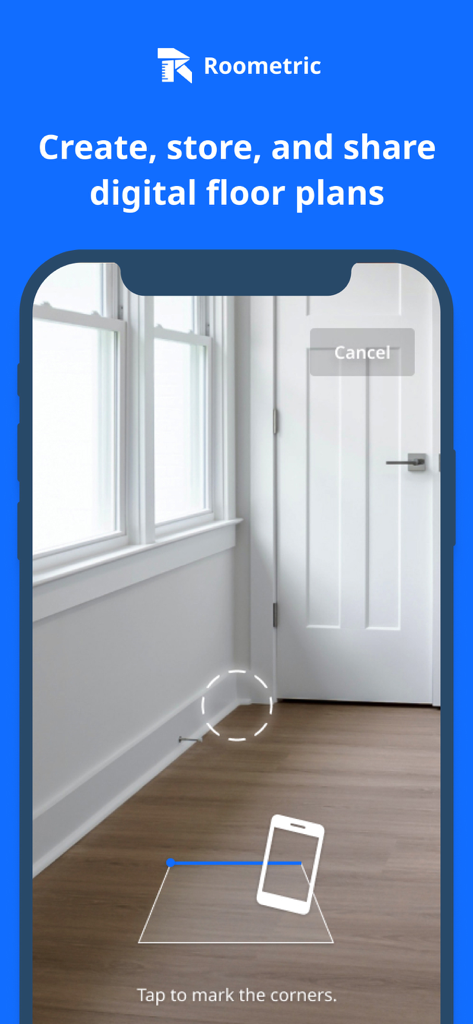 Roometric app interface for scanning room corners with AR to create digital floor plans