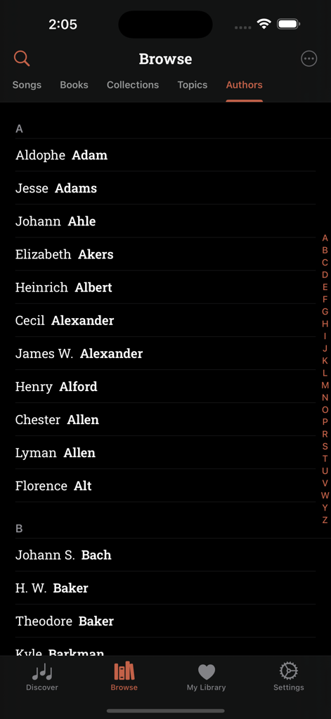 Stanza Music - Alphabetical list of authors and composers in the Stanza Music app