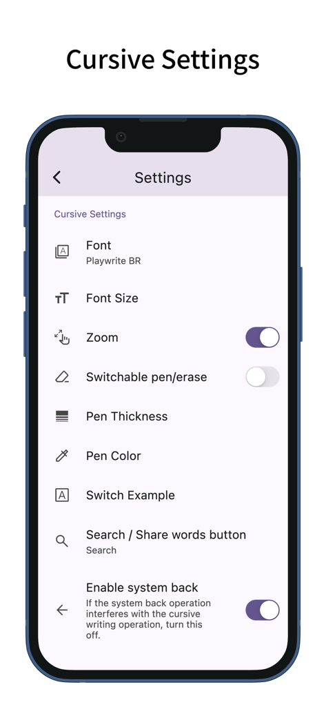 Cursive: Learn Cursive - Schermata delle impostazioni dell'app Cursive Learn che mostra le opzioni per lo spessore del tratto del carattere e lo zoom.