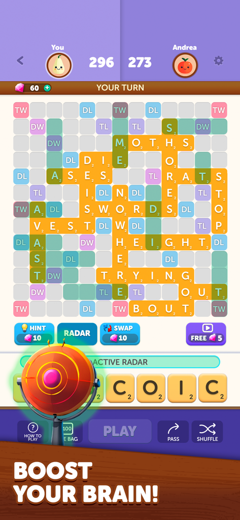 Word Wise mobile app gameplay showing a multiplayer word battle and brain training puzzle