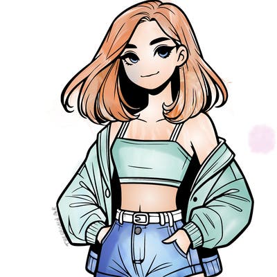 a realistic girl with a crop top and short shorts in an open jacket