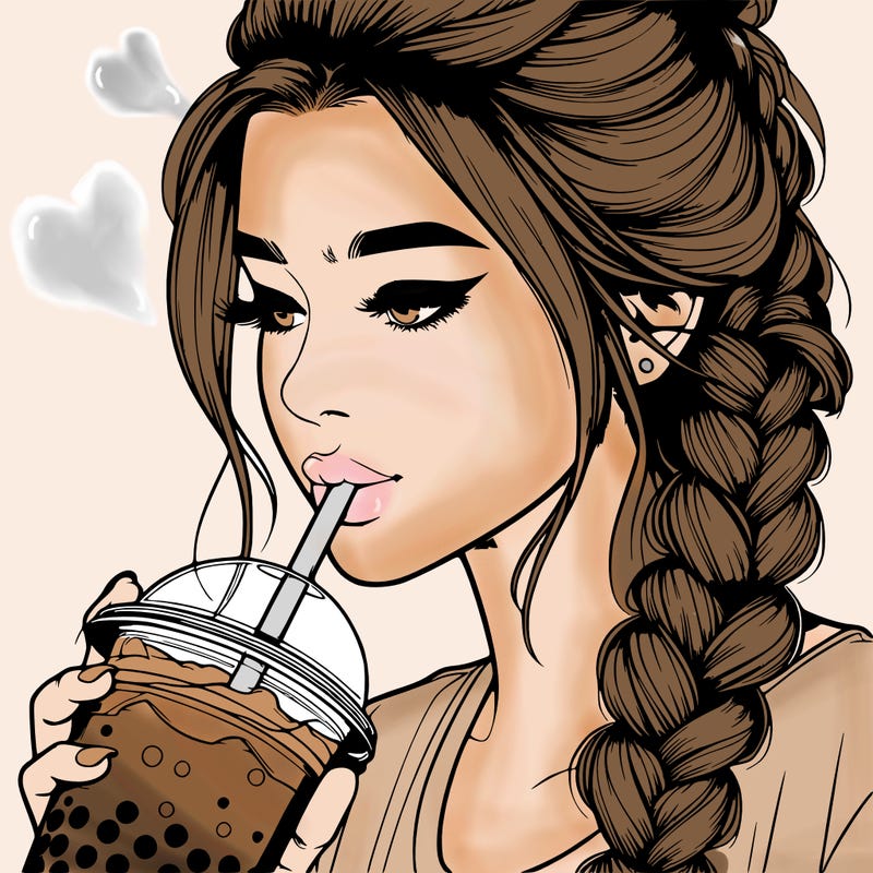 realistic girl drinking boba tea with braided hair
