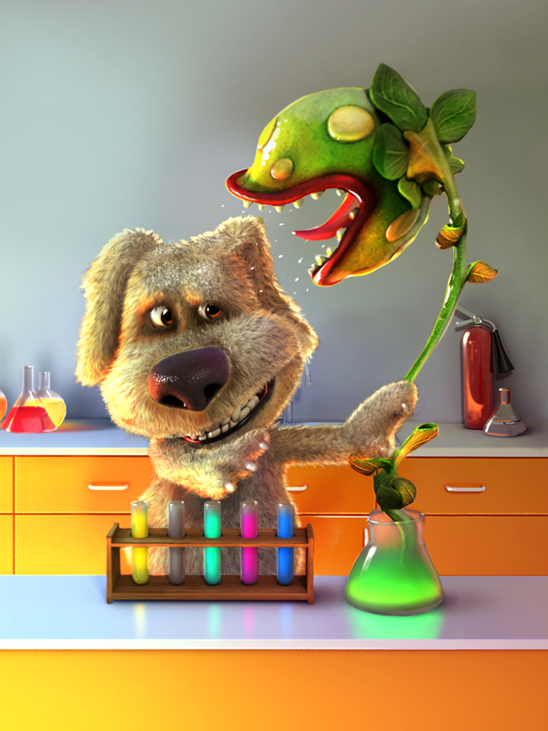 Talking Ben the Dog for iPad - Talking Ben le Chien dans son laboratoire de chimie avec une plante carnivore géante et des tubes à essai colorés