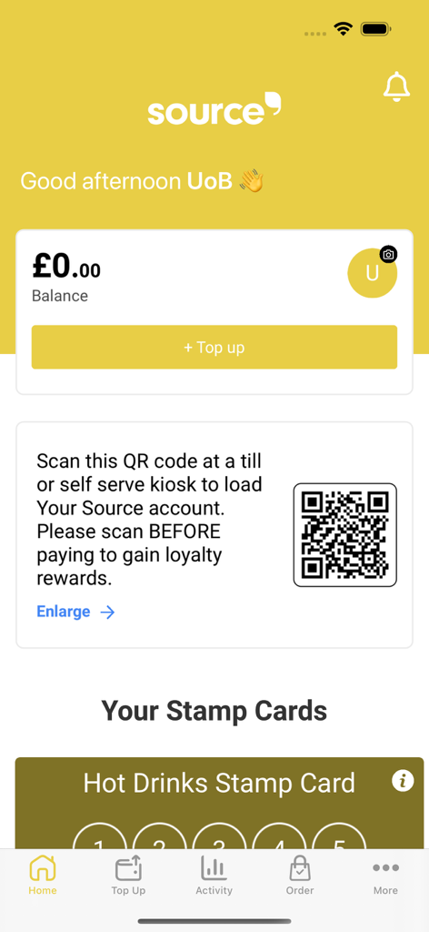 UoB Source Catering App - Home screen of the UoB Source Catering app showing account balance and loyalty rewards QR code