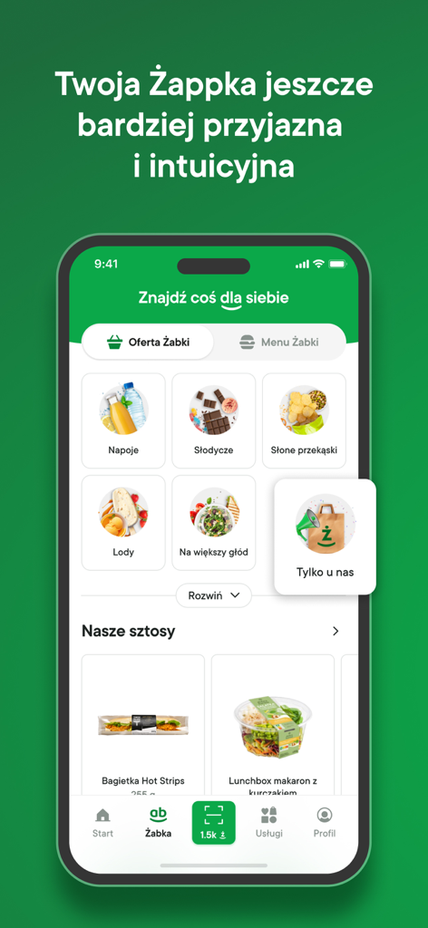 żappka: zakupy, promocje Żabka - żappka 모바일 앱 인터페이스로 제품 카테고리 및 로열티 리워드 표시