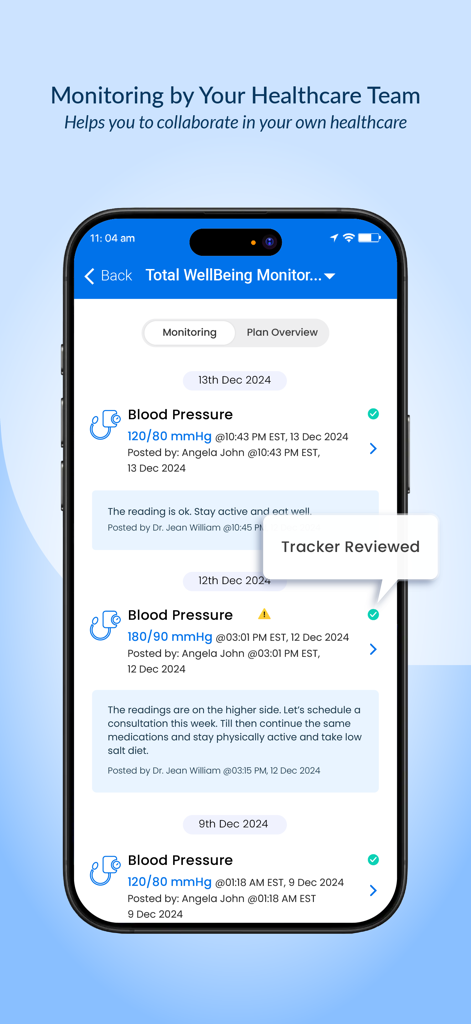 ContinuousCare Health App - ContinuousCare app screenshot showing blood pressure logs and healthcare provider feedback.