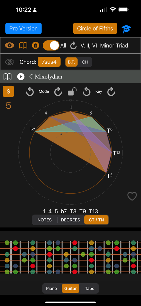 Tessitura Pro Scales - Interfaz de la aplicación Tessitura Pro Scales mostrando la escala C Mixolidia con un mapa de notas circular y una visualización del diapasón de guitarra.