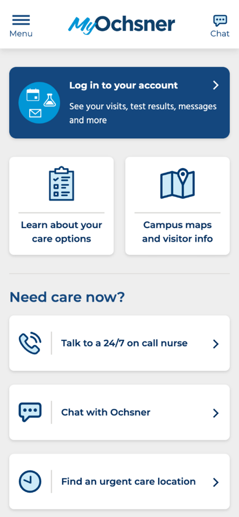 MyOchsner mobile app home screen showing patient login and urgent care options