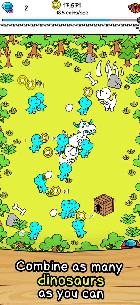 Dino Evolution: Dinosaur Game - 진화를 위해 공룡들을 합치라는 안내와 함께 녹색 들판에 다양한 공룡들이 그려진 낙서 스타일 게임 화면