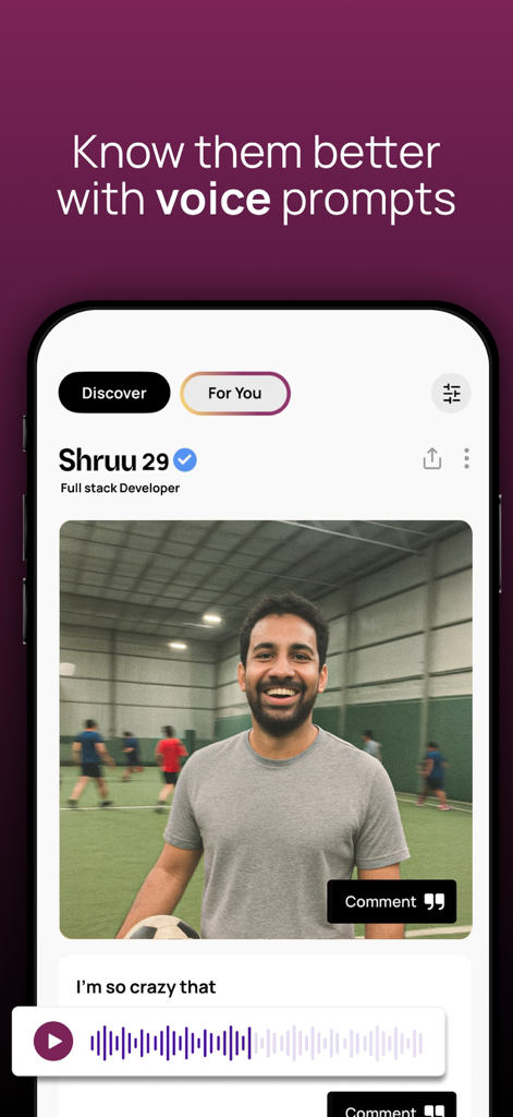 A profile of a professional user on the Aisle app showing the voice prompts feature to help people get to know each other better.