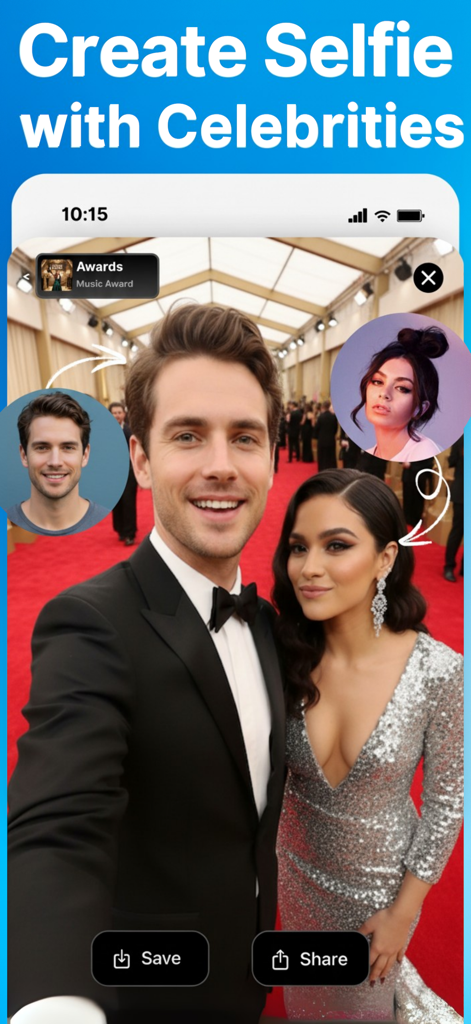 Una interfaz de smartphone que muestra la función para crear selfies generados por IA con celebridades en una alfombra roja.