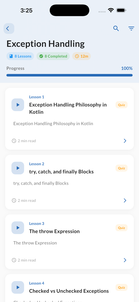 Learn Kotlin Coding With AI - Módulo do curso de tratamento de exceções Kotlin com uma lista de lições e acompanhamento de progresso.