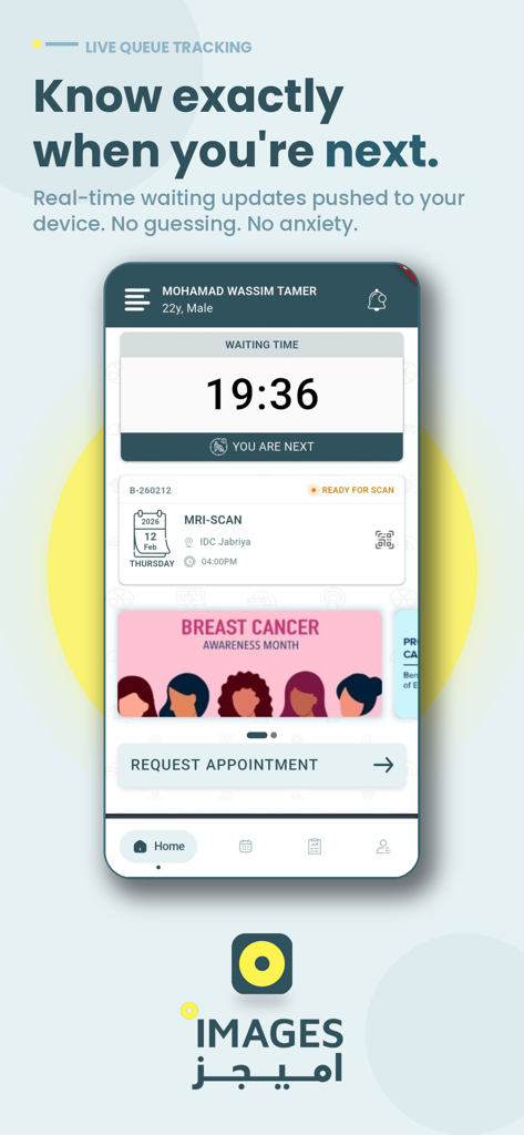 My ImagesDC - Interfaz de la aplicación My ImagesDC que muestra el tiempo de espera en vivo para una cita de resonancia magnética