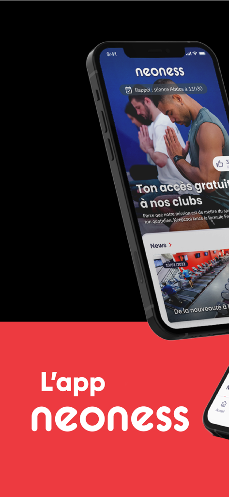Neoness - Interfaz de la aplicación móvil Neoness que muestra información de acceso al gimnasio y un recordatorio de sesión de entrenamiento en un smartphone