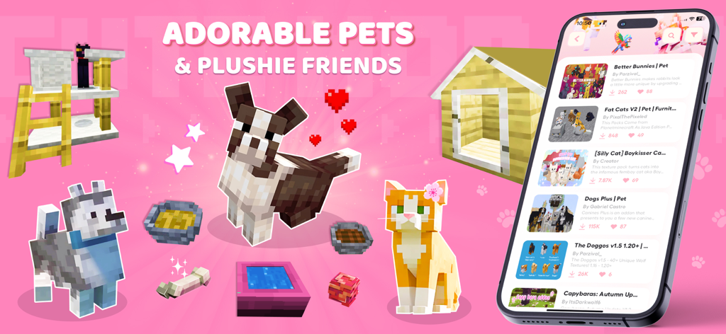 A showcase of adorable pet modpacks for Minecraft featuring various cute pixel art animals and pet accessories