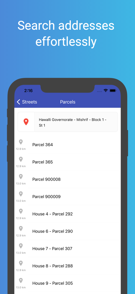 Kuwait Finder - Kuwait Finder app interface showing a list of searchable parcel and house addresses