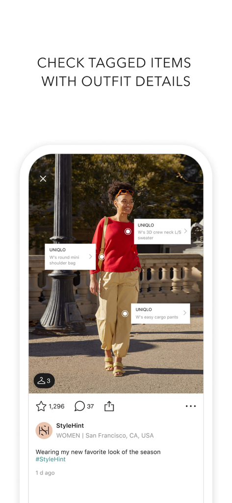 StyleHint: Style search engine - 모바일 앱 화면. 빨간색 스웨터와 베이지색 카고 바지를 입은 여성이 대화형 유니클로 상품 태그와 함께 표시됩니다.