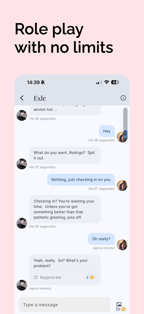 ArcanaAI: AI Roleplay Chat - A mobile screen showing an interactive roleplay chat conversation within the ArcanaAI app