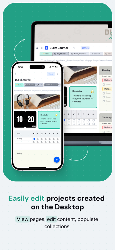 xTiles app showing a visual bullet journal synchronized across iPhone and desktop screens.