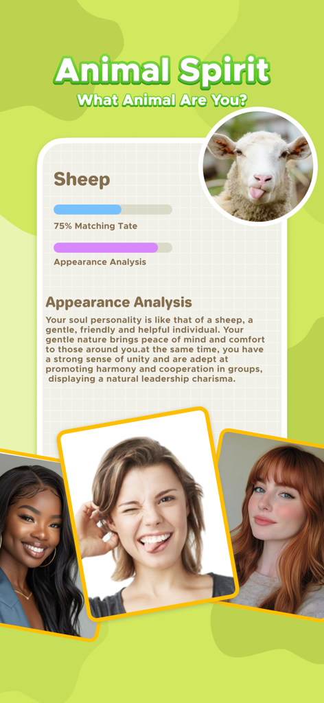 Soul Insight - AI Face Aging - A mobile app screen showing an AI animal spirit personality test that matches a user facial analysis to a sheep with a descriptive soul personality report.