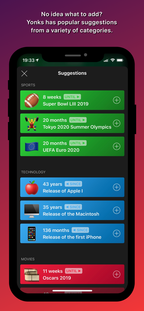 Yonks – Day Counter - Yonks app suggestions screen displaying various event counters by category