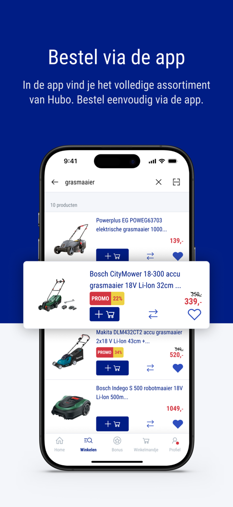 Hubo - Hubo mobile app showing a catalog of lawnmowers with prices and promotions for online ordering