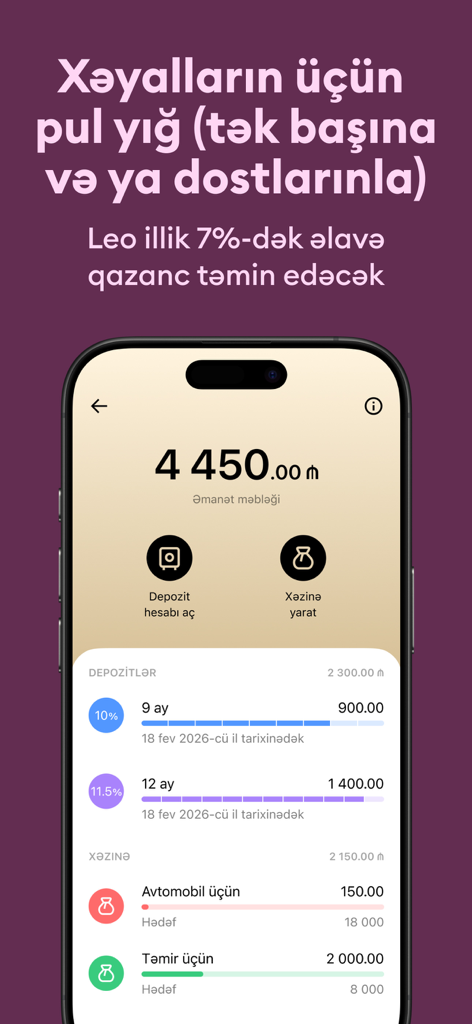 Leobank app screen for managing savings goals and fixed term deposits
